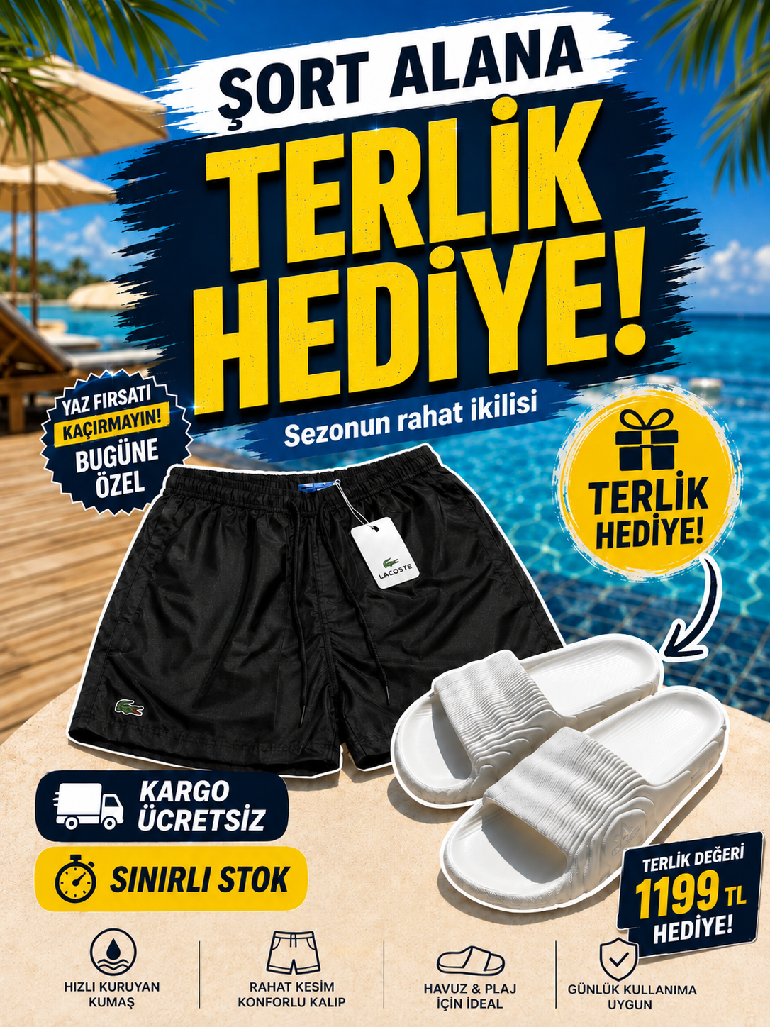 L*C*S** SİYAH DENİZ ŞORTU ALANA AD**** BEYAZ TERLİK HEDİYE (Stoklar Sınırlı)