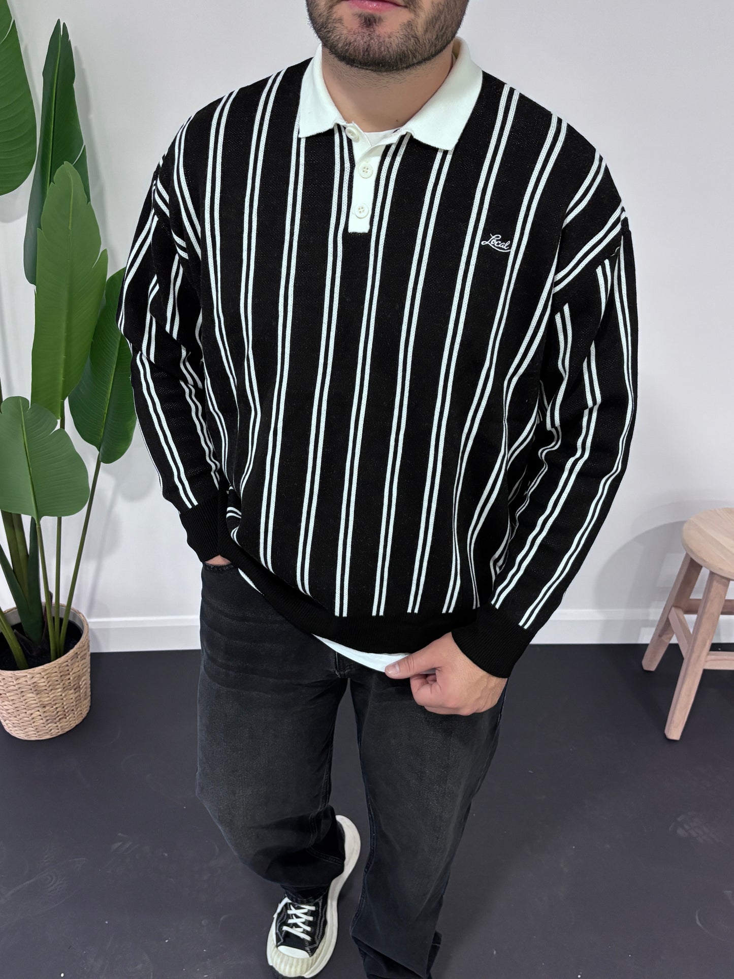 Local Çizgili Polo Yaka Triko Sweatshirt