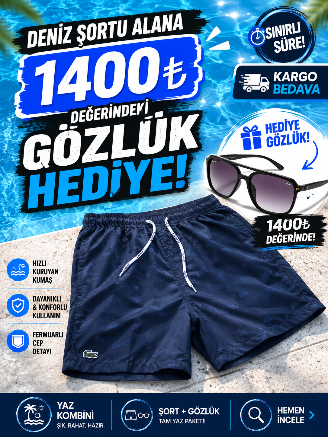 DENİZ ŞORTU ALANA GÖZLÜK HEDİYE Sihirli Deniz Şortu + Rb 004 Gözlük
