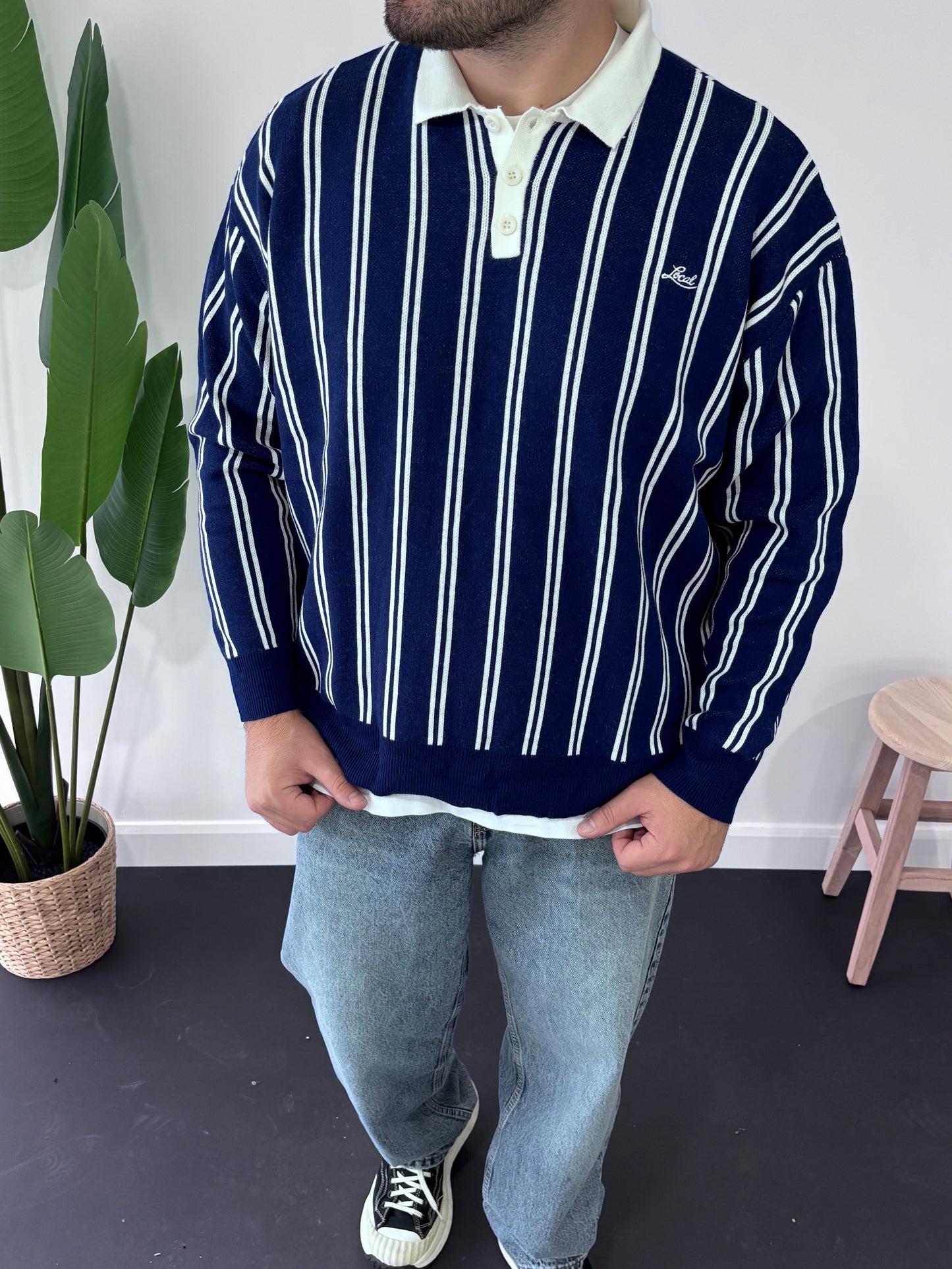 Local Çizgili Polo Yaka Triko Sweatshirt