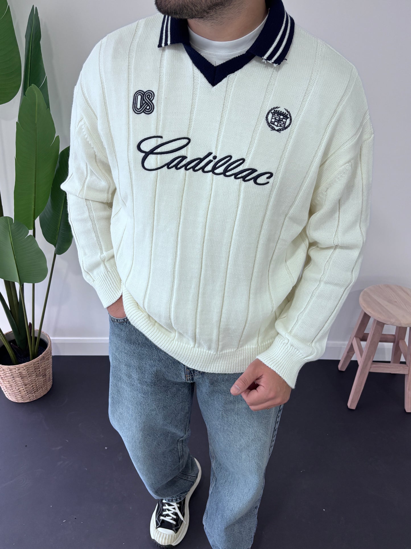 Cadillac Nakışlı Polo Yaka Triko Sweatshirt
