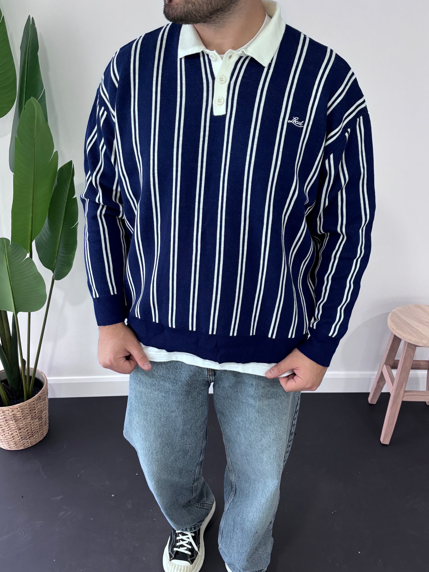 Local Çizgili Polo Yaka Triko Sweatshirt