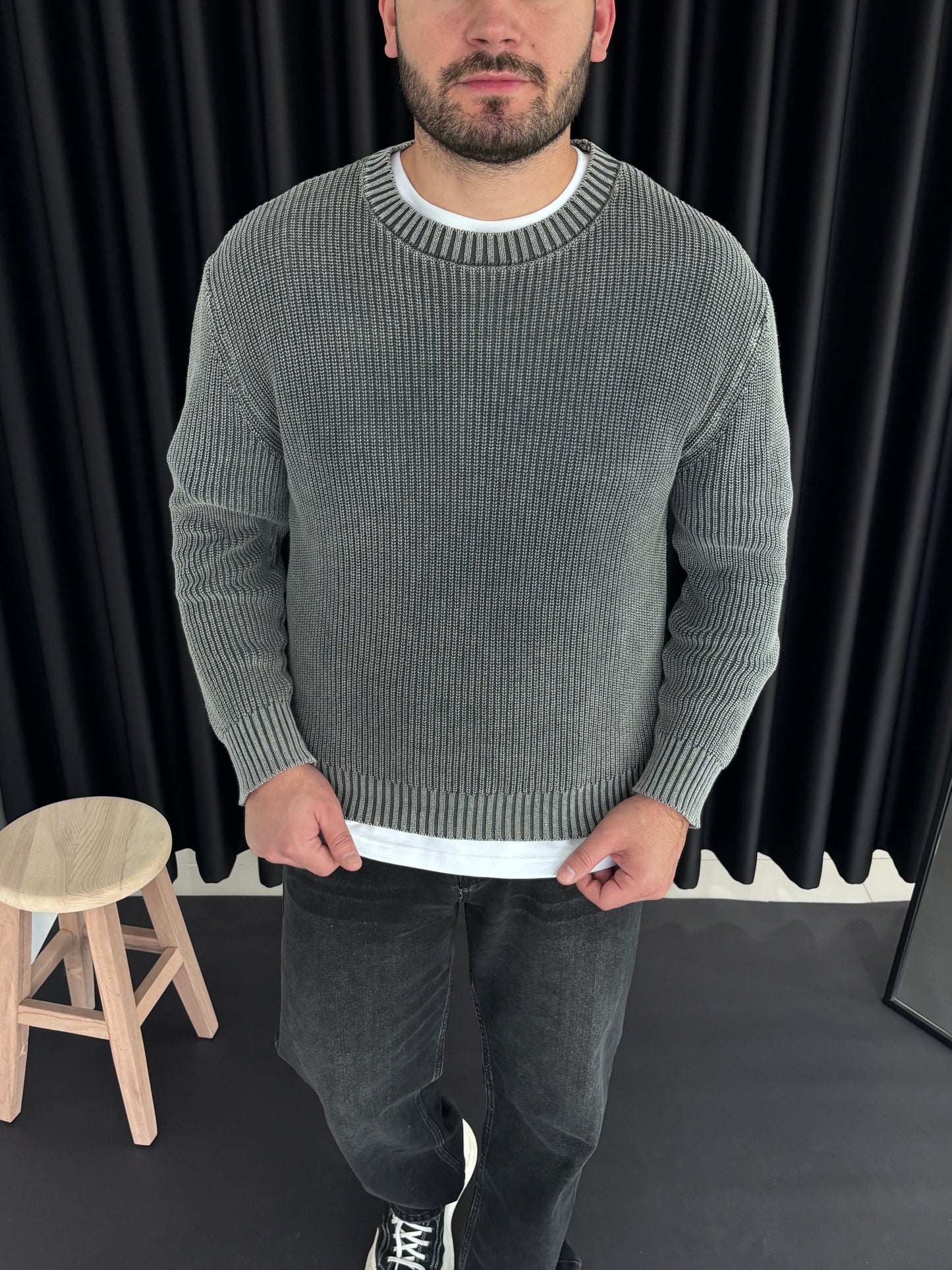 Bisiklet Yaka Yıkamalı Triko Sweatshirt