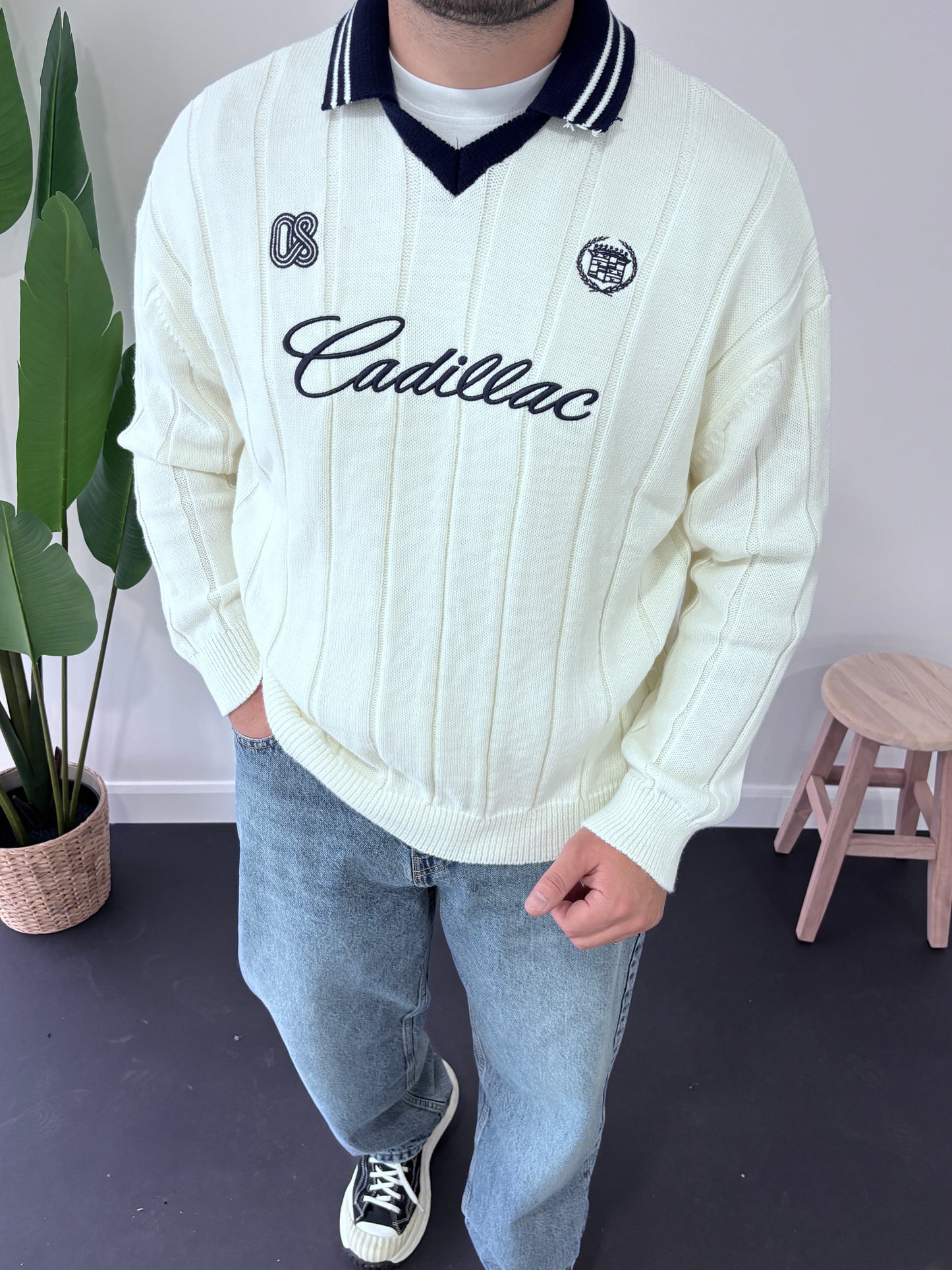 Cadillac Nakışlı Polo Yaka Triko Sweatshirt