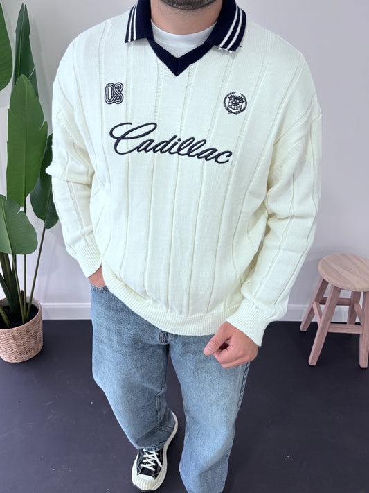 Cadillac Nakışlı Polo Yaka Triko Sweatshirt