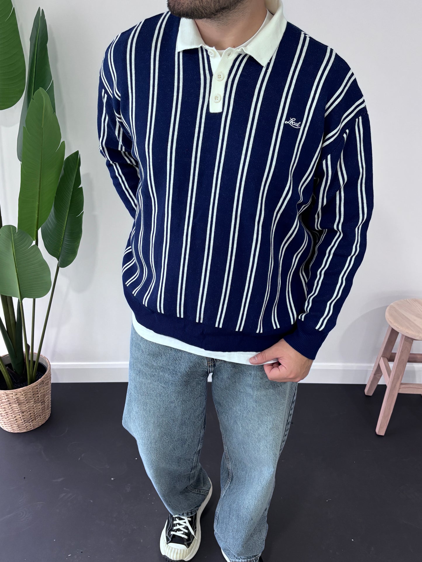 Local Çizgili Polo Yaka Triko Sweatshirt