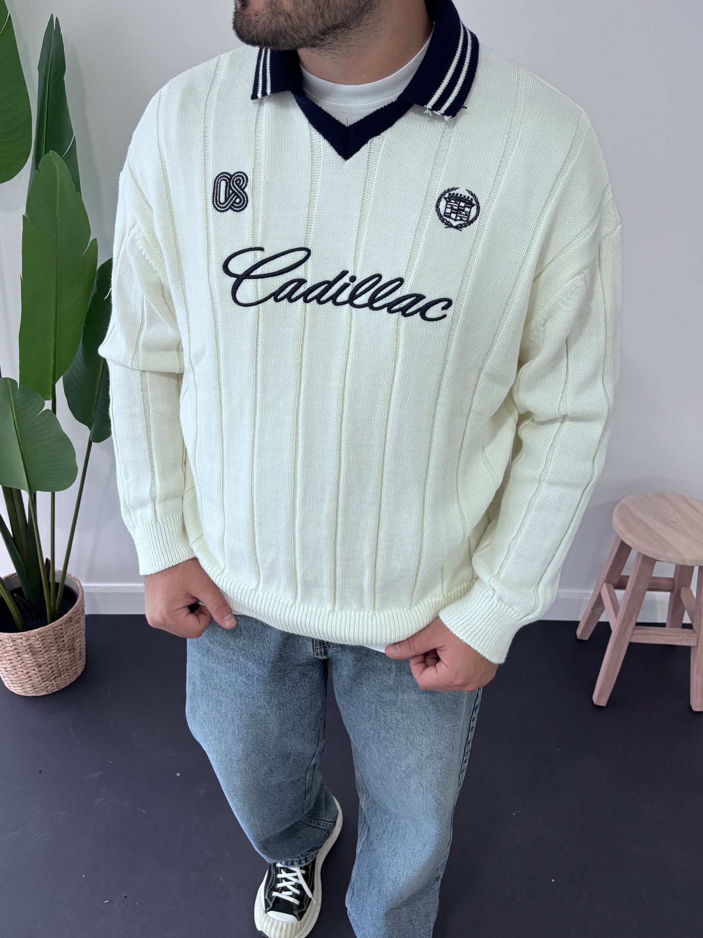 Cadillac Nakışlı Polo Yaka Triko Sweatshirt