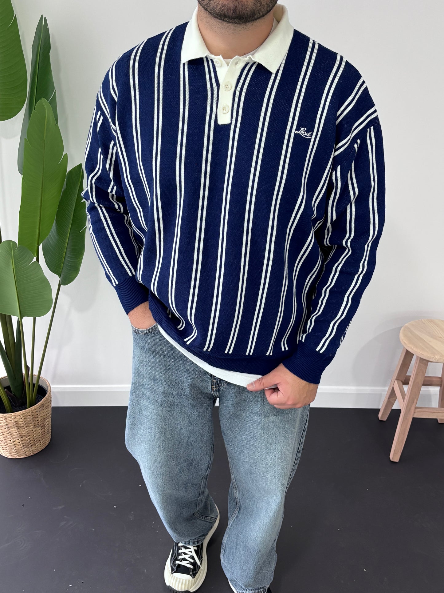 Local Çizgili Polo Yaka Triko Sweatshirt