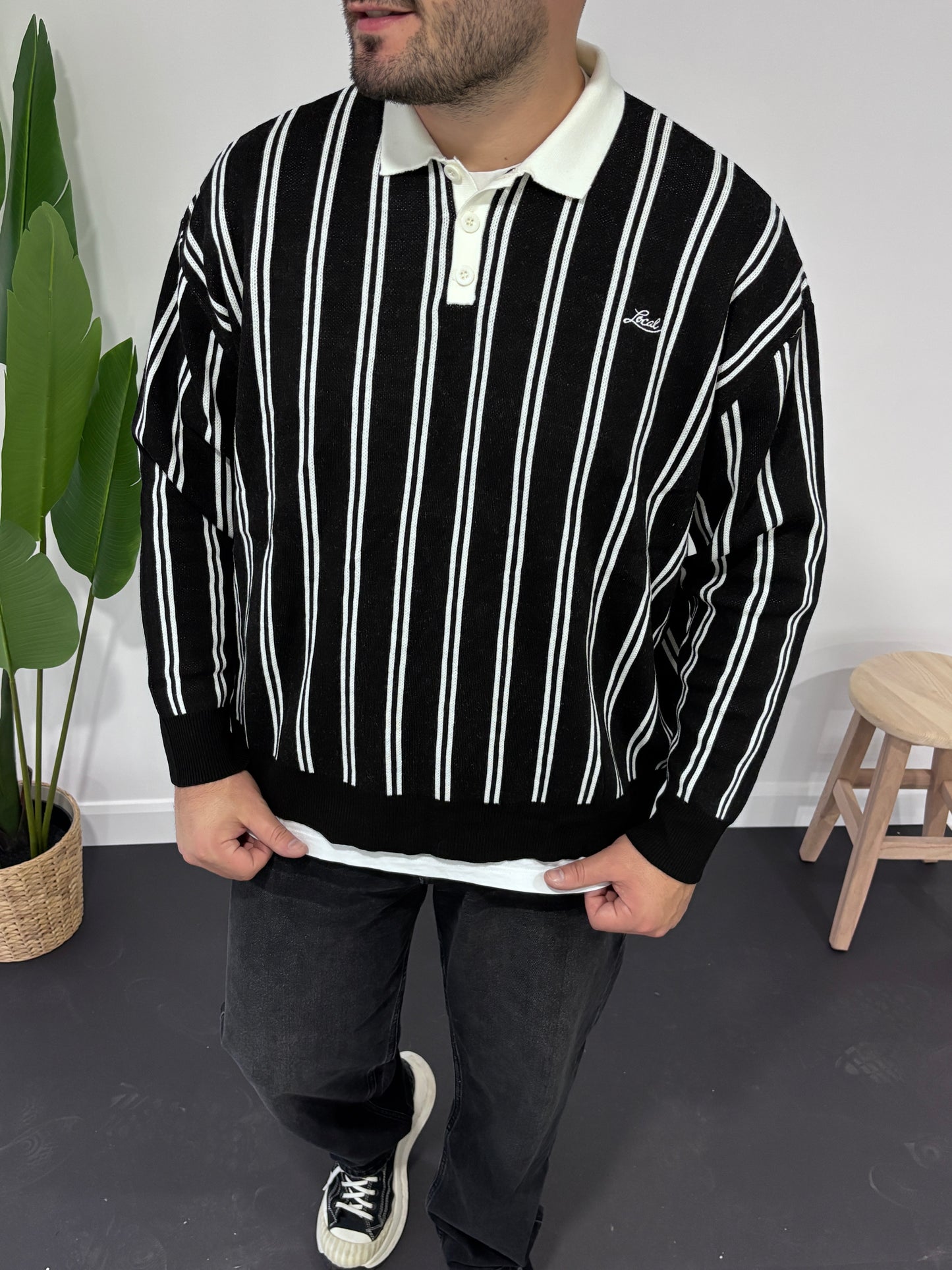 Local Çizgili Polo Yaka Triko Sweatshirt