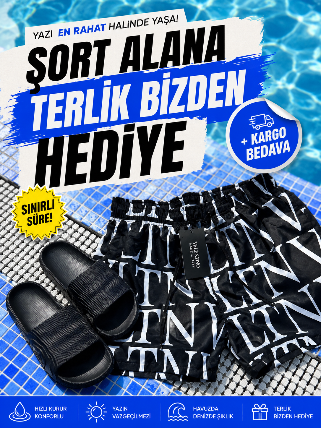 ŞORT ALANA TERLİK HEDİYE Vltn Şort + Siyah Terlik