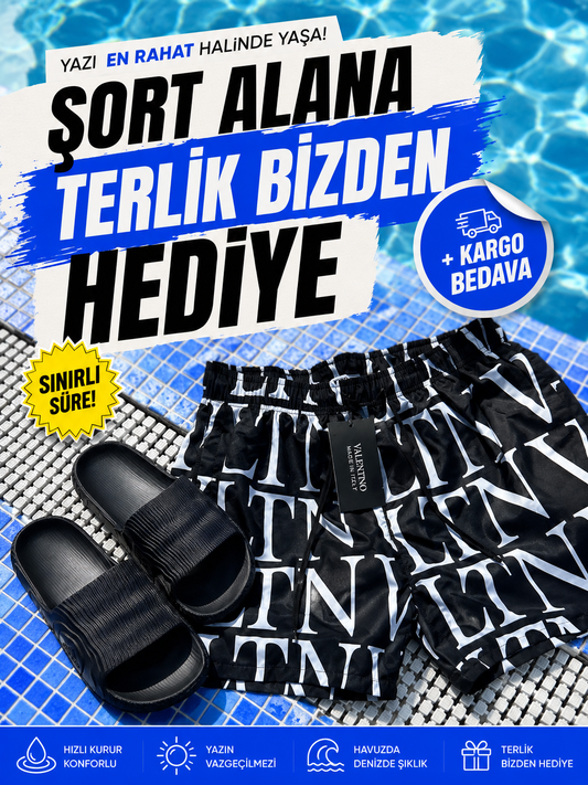 ŞORT ALANA TERLİK HEDİYE Vltn Şort + Siyah Terlik