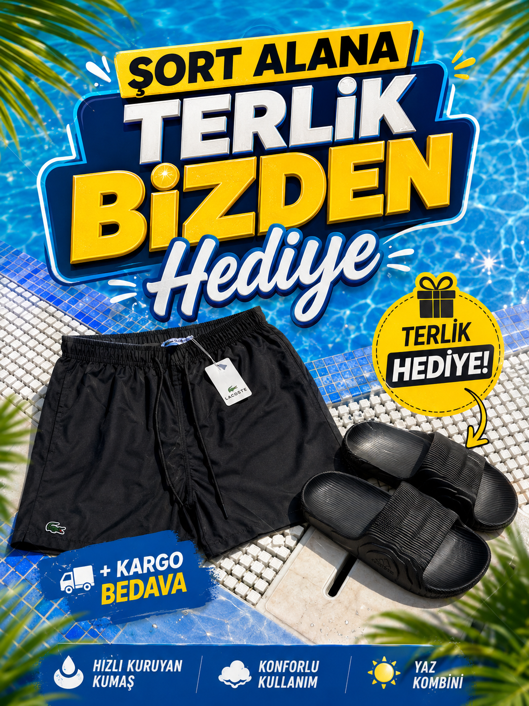 DENİZ ŞORTU ALANA TERLİK HEDİYE Lac** Siyah Şort + Adilette Beyaz Terlik