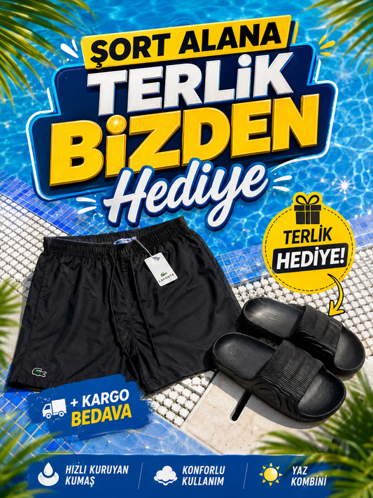 DENİZ ŞORTU ALANA TERLİK HEDİYE Lac** Siyah Şort + Adilette Beyaz Terlik
