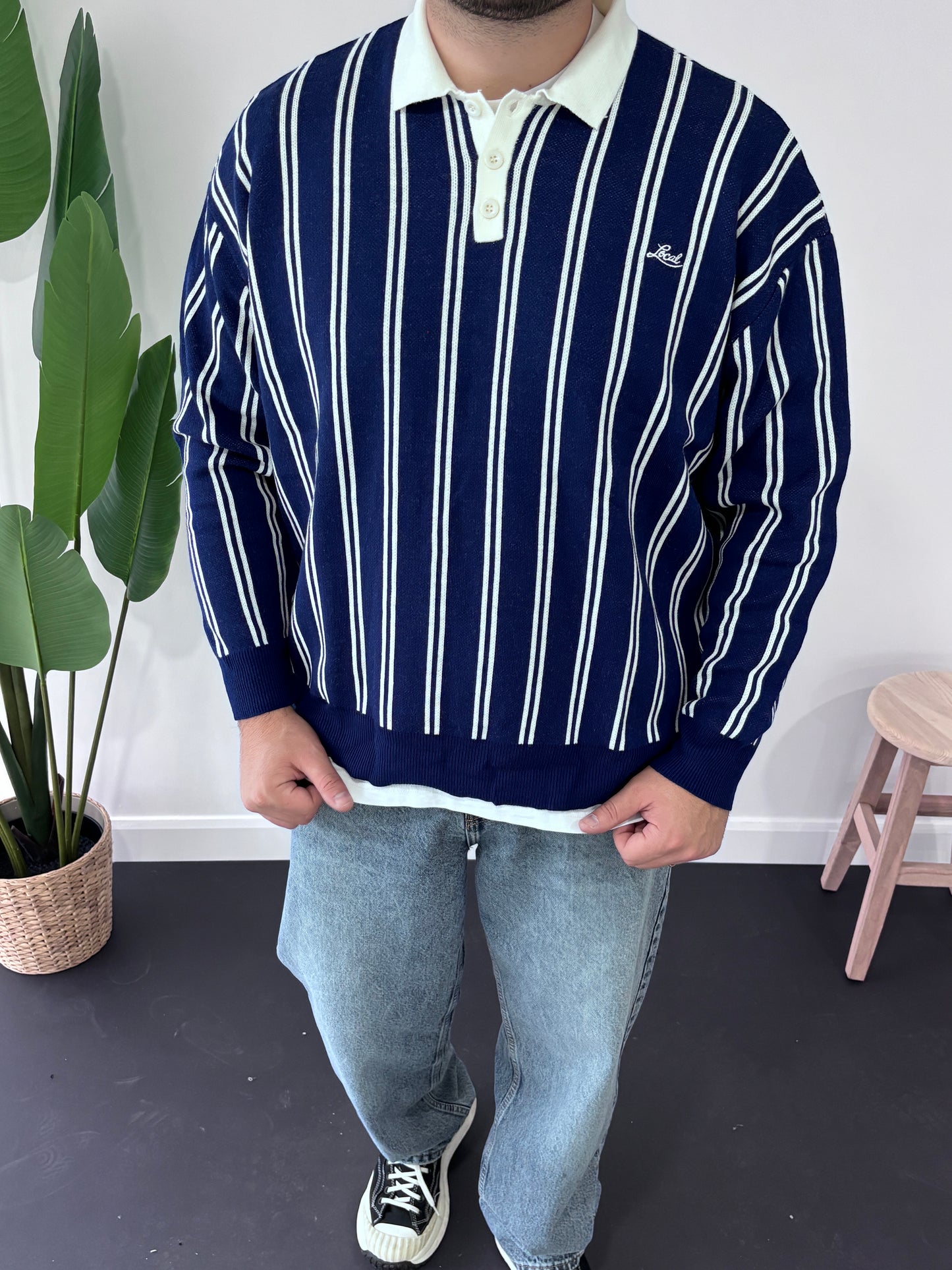 Local Çizgili Polo Yaka Triko Sweatshirt