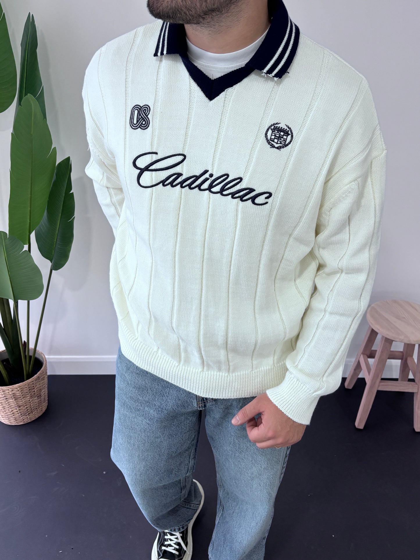 Cadillac Nakışlı Polo Yaka Triko Sweatshirt